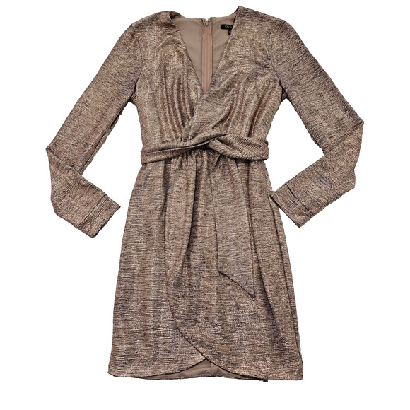 City Studio Metallic Gold Long Sleeve Tie Waist Vneck Mini Dress Juniors Size 11 - Picture 2 of 14